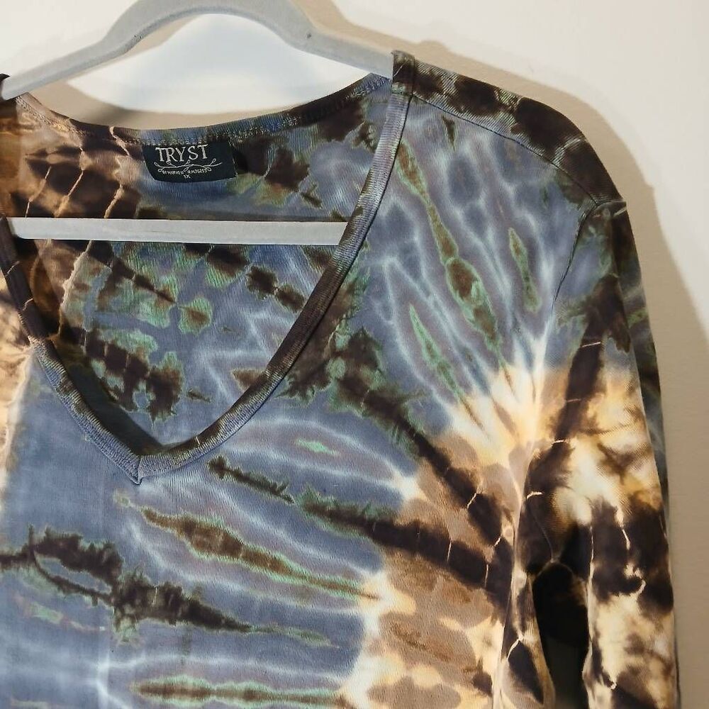 Tryst usa womens xl hippie tie dye blouse earthtone brown cotton shirt - Picture 3 of 8